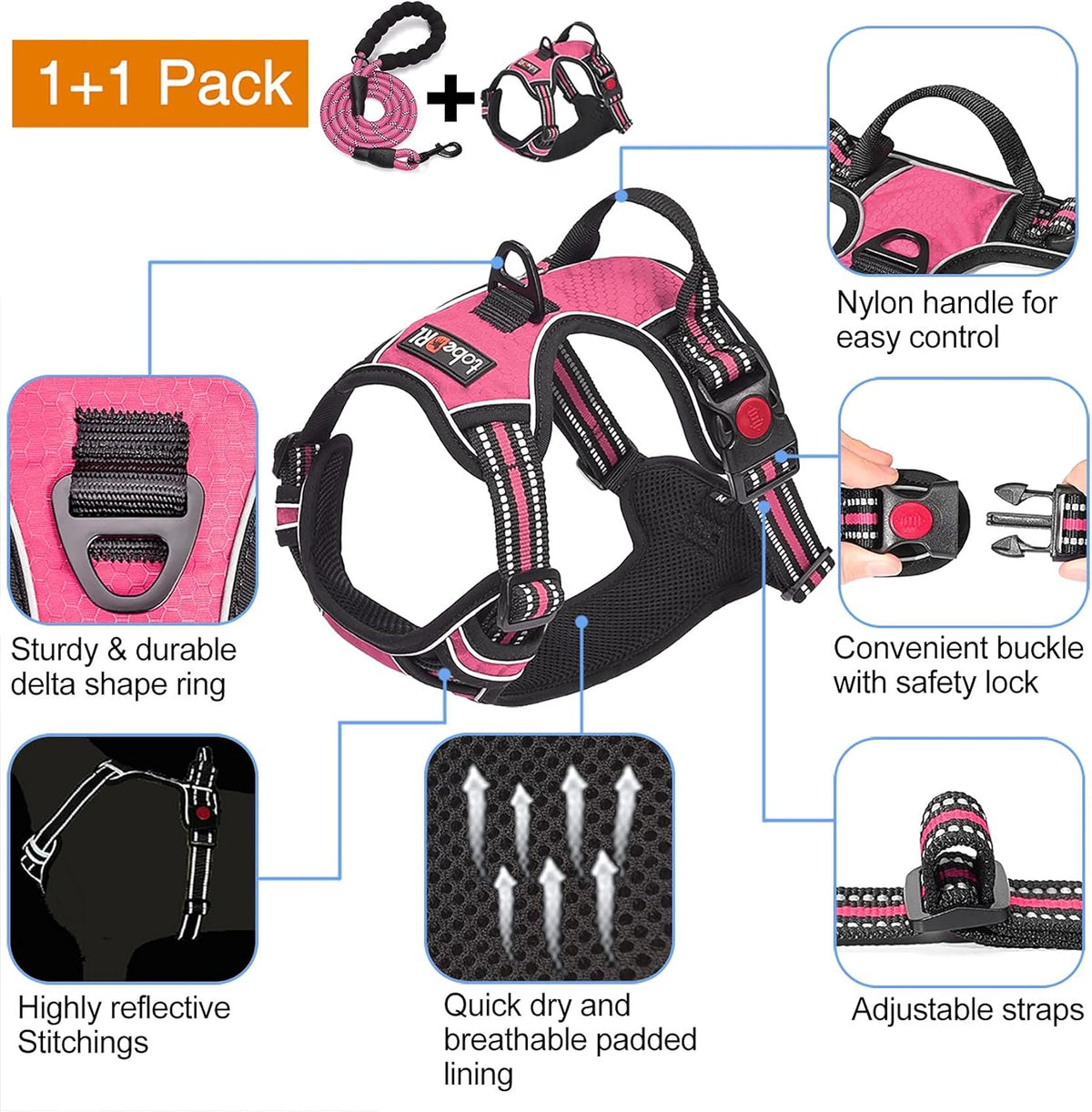 No Pull Dog Harness Adjustable Reflective Oxford Easy Control Medium Large Dog Harness with A Free Heavy Duty 5ft Dog Leash (XL (Neck: 21.5"-33", Chest: 30"-39.5"), Pink Harness+Leash)