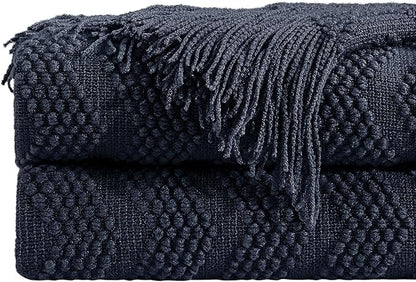 BOURINA Navy Throw Blanket 50x60 Inches Throw Textured Solid Soft Ripple Throws and Blankets for Sofa or Bed Knitted Decorative Blanket