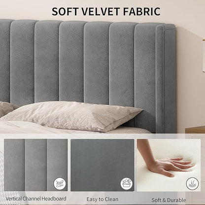 Twin Size Upholstered Platform Bed Frame with Modern Wingback & Vertical Panel Headboard, Velvet Fabric, Wooden Legs & Slats Support, No Box Spring Needed, Noise-Free & Easy Assembly, Grey