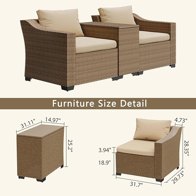LHBcraft Patio Conversation Set Rattan Outdoor Sectional Furniture Sofa Set Wicker Couch with Coffee Table and Cushions for Poolside, Backyard (Yellow-Beige, 3-PCS)