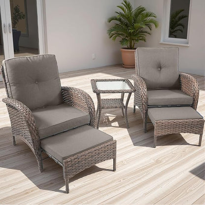 Rilyson Wicker Patio Furniture Set - 5 Piece Balcony Furniture Set with Hidden Ottomans, Rattan Outdoor Patio Chairs with Side Table for Porch Deck Poolside Garden Brown/Grey