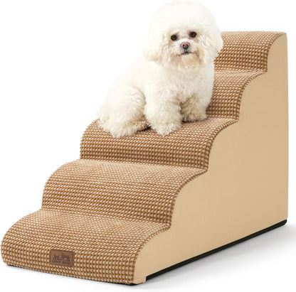 Dog Stairs for High Bed 22.6" H, Small Dog Step for Puppy, Older or Cat, Curved Ramp for Car, Ladder with High Density Foam, Lightweight, Durable, 15.7x33x22.6 inch, 5 Step, Light Brown