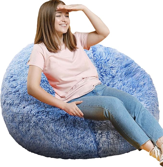 Fluffy Bean Bag Chair, 3FT Round Memory Foam Filled Bean Bag for Teens & Kids, Ultra Soft Faux Fur Fabric Bean Bag Chairs for Playroom, Living Room, Bedroom, Blue