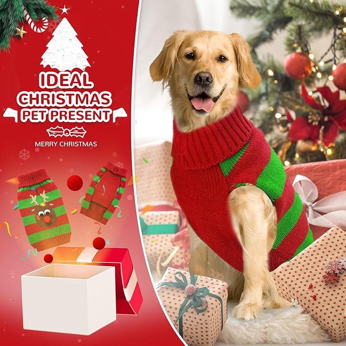 PETCARE Dog Christmas Sweater with Leash Hole Cute Striped Reindeer Dog Clothes for Small Medium Large Dogs Girl Boy Warm Fall Winter Knitted Pullover Vest Pet Puppy Cat Xmas Outfits