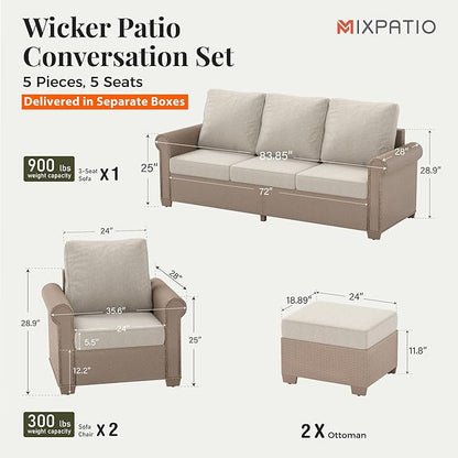 Patio Furniture Set 5 pcs, Wicker Outdoor Patio Furniture, 3-Seat Sofa, 2 Single Chairs and 2 Ottomans, Rattan Patio Conversation Set for Backyard Deck, Beige