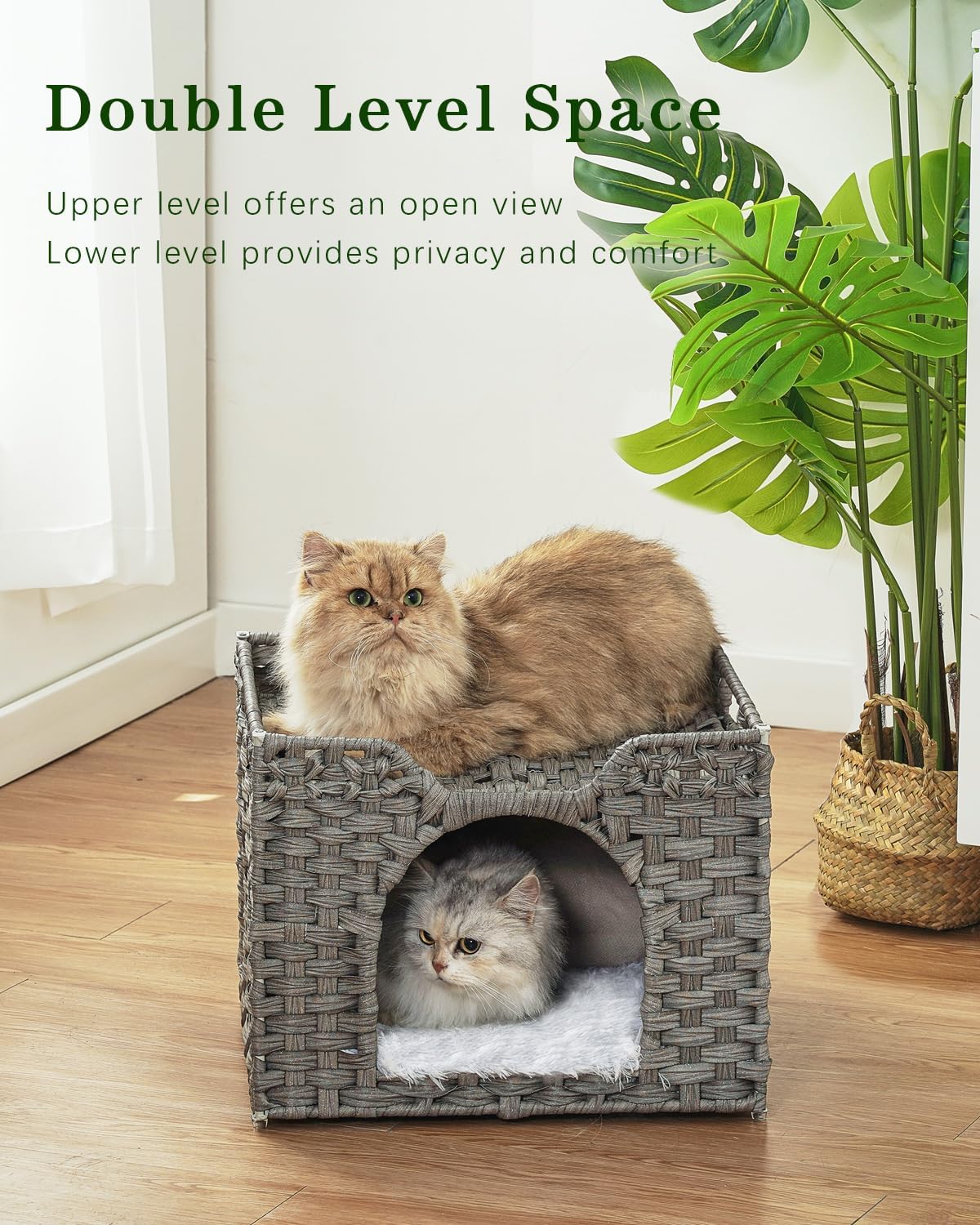 Cat Beds Indoor Kitten House, Handwoven Rattan Cat Cave Pet Cube, Large Cat Houses, One Bed Mat, Foldable, Hideaway, 16.5x16.5x13.2 Inches, 2 S-Shaped Hooks in Living Room Bedroom Gray