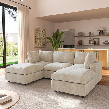 JACH U Shape Sectional Couches for Living Room, Convertible Modular Sofa with Ottomans, Cloud Sectional Couch, Sofa Covers Washable, Minimalist Couch for Living Room, Apartment, Khaki