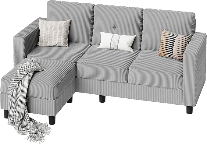 SUNLEI Convertible Sectional Sofa for Small Spaces, L Shaped Modular Sofa with Reversible Chaise & Ottoman Storage, 3 Seat Modern Small Couches for Living Room in Apartment, Linen Fabric, Light Grey