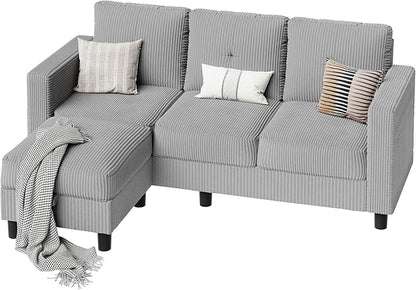 SUNLEI Convertible Sectional Sofa for Small Spaces, L Shaped Modular Sofa with Reversible Chaise & Ottoman Storage, 3 Seat Modern Small Couches for Living Room in Apartment, Linen Fabric, Light Grey