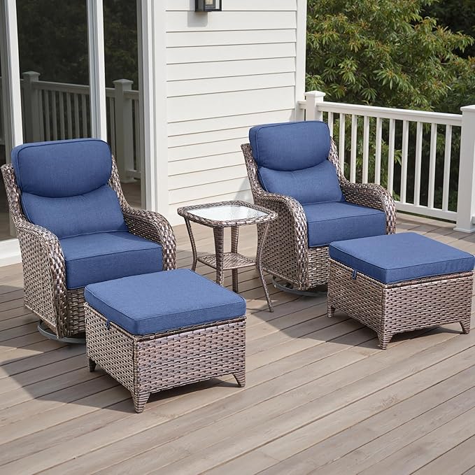 Rilyson Wicker Outdoor Patio Furniture Set - 5 Piece Patio Conversation Sets with Swivel Rocker Chairs, Ottomans and Side Table, 6 inch Cushions, Waterproof Wicker, for Porch Deck Brown/Blue