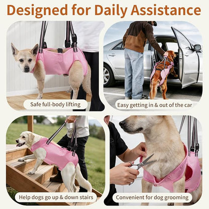 Full Body Dog Lift Harness, Support Senior & Disabled Dogs Walking | Help Up & Down Stairs Grooming, Dog Sling Backpack, Front Hind Leg Joint Injuries, Reflective, Soft Padded Handle | Pink, M