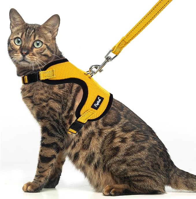 PUPTECK Cat Harness and Leash Set Escape Proof, Reflective Adjustable Soft Mesh Kitten Vest Harness for Walking Travel, Yellow, S