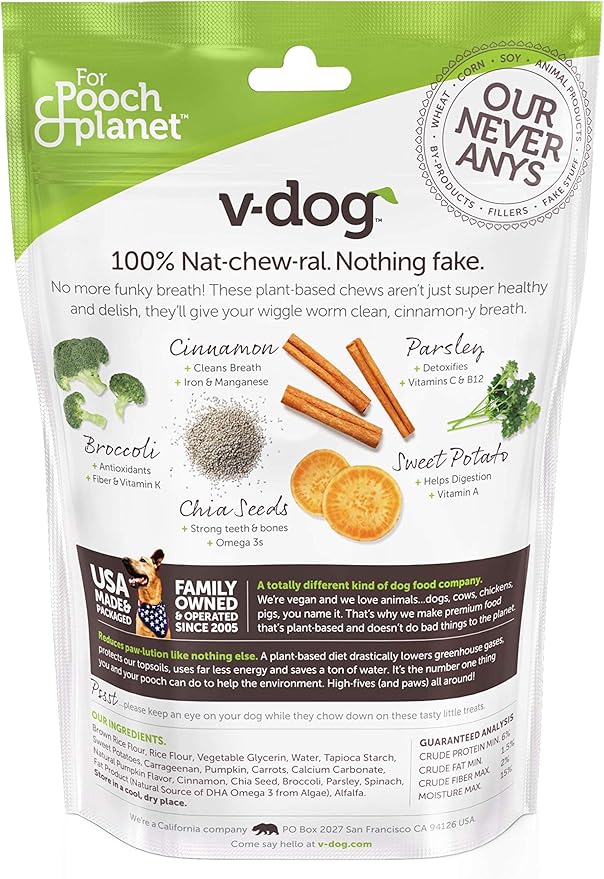 V-dog Dog Treats - Vegan Breathbone Teeth Cleaning Dental Dog Bones - Fresh Breath - 8 Ounces - All Natural - Made in USA - 6 Bones - 4" Long - Easy to Digest