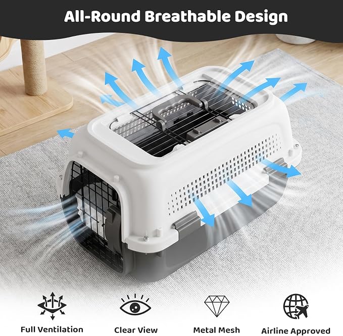 Athena Collection 23" Hard-Sided Pet Carrier with Food Bowl, Grey | Hard-Sided Protection with Top & Front Door Access, 4-Sided Ventilation for Small Dogs and Cats up to 26 LbS