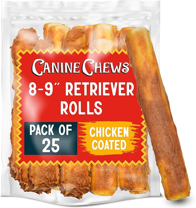 Canine Chews 8-9" Chicken Coated Dog Rawhide Retriever Rolls (25 Pack) - Chicken Rawhide Bones for Large Dogs - 100% USA-Sourced Chicken Coated Dog Rawhide Chews - Healthy Dog Dental Chew Rawhides