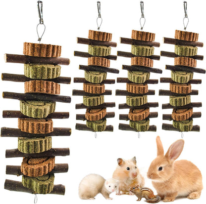 Rabbit Chew Toy,Bunny Chew Toys for Teeth Grinding,Natural Apple Branch Teething Sticks with Hay Grass Cake Improve Dental Health Bunny Hanging Chew Toys for Rabbits,Chinchillas,Hamster (4 Pcs)