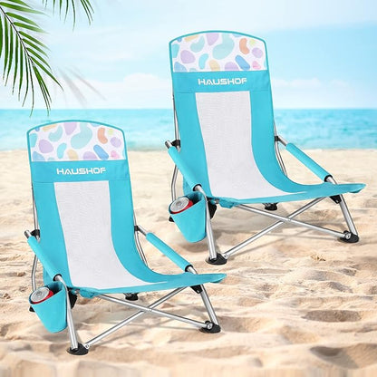 HAUSHOF 2-Pack Blue High Back Beach Chairs with Colored Dots, Durable 600D Oxford Fabric, Industrial Grade Iron, Maximum Seated Weight Capacity: 265 lbs, Ergonomic Design