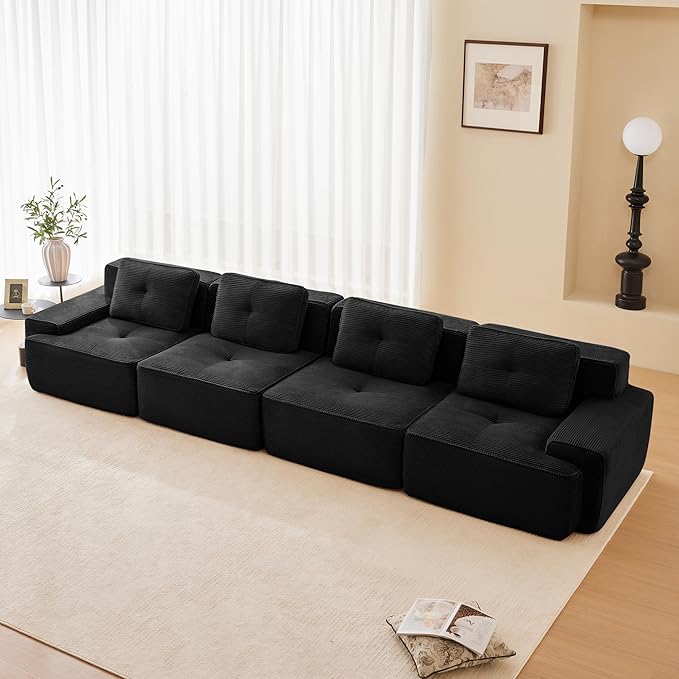 150.4'' Sectional Sofa, 32D Foam Corduroy Boneless Couch with Pillow, Deep Seat Wide Arm Sectional Couch for Apartment, Living Room, Bedroom