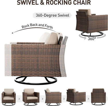 UDPATIO 5 Pieces Patio Furniture Set with Fire Pit Table, Outdoor Conversation Set with Rocking Swivel Chairs, Wicker Furniture Set with Waterproof Cover, 4'' Thickened Cushion, Khaki