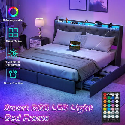 SADENICEL King Size Bed Frame with Storage Headboard, Metal Platform Bed Frame King with 4 Drawer, LED Light, Charging Station, No Box Spring Needed, Noise Free, Easy Assembly, Grey