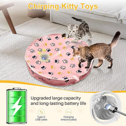 Interactive Cat Toys Ball, Automatic Motion Activated Ball in Pouch Fast Rolling Indoor, Hide and Seek Mouse Catching Game in Cat Play Mat with Chirping, LED Light, Auto On/Off (Pink)