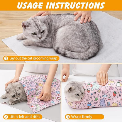 27.6 In Cat Grooming Wrap Self-Adhesive, Cat Wrap for Cutting Nails, Pink Anti-Escape Cat Restraint for Nail Clipping Cat Swaddle Wrap Cat Wrapping Cloth for Pet Cleaning and Beauty (Within 15lbs)