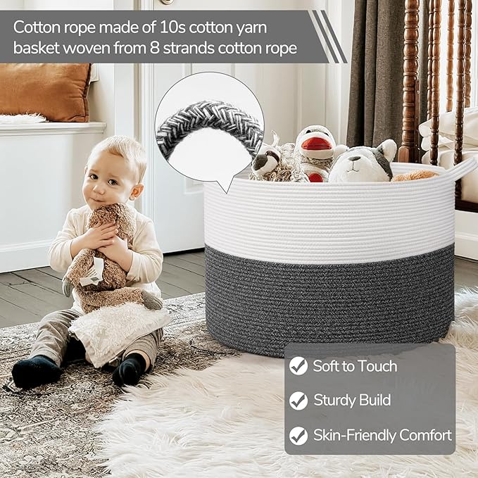 INDRESSME 115L Extra Large Cotton Rope Blanket Basket, Woven Baby Laundry Baskets for Clothes Pillows Towel, Toy Baksets for Kids, White & Gray