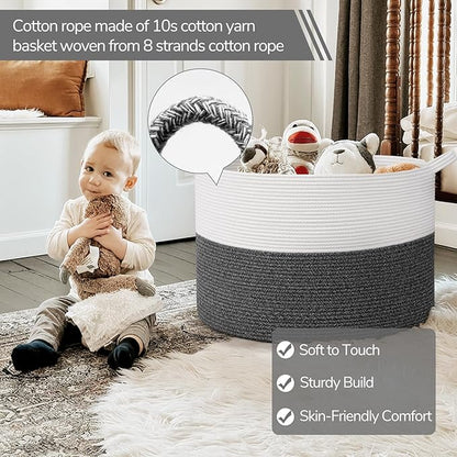 INDRESSME 115L Extra Large Cotton Rope Blanket Basket, Woven Baby Laundry Baskets for Clothes Pillows Towel, Toy Baksets for Kids, White & Gray