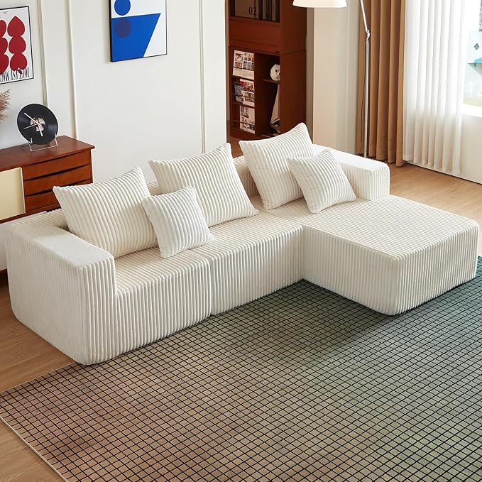 100.7" Boneless Couches for Living Room, Fully Memory Foam Sofa with Deep Seat, L Shape Sectional Couch Corduroy Fabric, Compressed Sofa in a Box,No Assembly Required (Beige, Right Facing Chaise)
