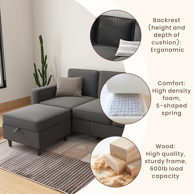 Sectional Couches for Living Room - Deep Seater Couch Living Room-Comfy L Shape Modular Sofa,with Storage Chaise-Washable Covers-Suitable for Living Rooms,Apartments,Rooms and Offices-Dark Gray