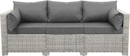 WAROOM Outdoor Couch 3 Seater Wicker Patio Sofa Grey Rattan Deep Seat Balcony Furniture Porch Seating with Grey Cushion