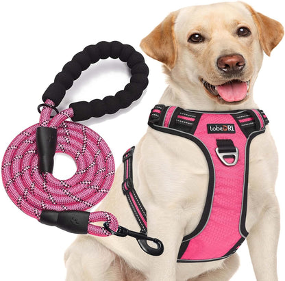 No Pull Dog Harness Adjustable Reflective Oxford Easy Control Medium Large Dog Harness with A Free Heavy Duty 5ft Dog Leash (XL (Neck: 21.5"-33", Chest: 30"-39.5"), Pink Harness+Leash)