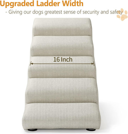 Senneny Imitation Linen Faux Leather Dog Stairs, for Pets up to 150 lbs, Waterproof, Scratch Resistant Pet Steps/Stairs with High Density Foam and Detachable Wooden Legs, Light Beige Linen, 5 Step
