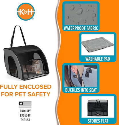 K&H Dog Car Seat, Travel Safety Carrier for Pets, Small, Gray/Black | Enclosed Car Seat for Dogs, Soft-Sided Covered Pet Carrier, Washable Pad, Multiple Entrances, Mesh Windows, 17x16x15in