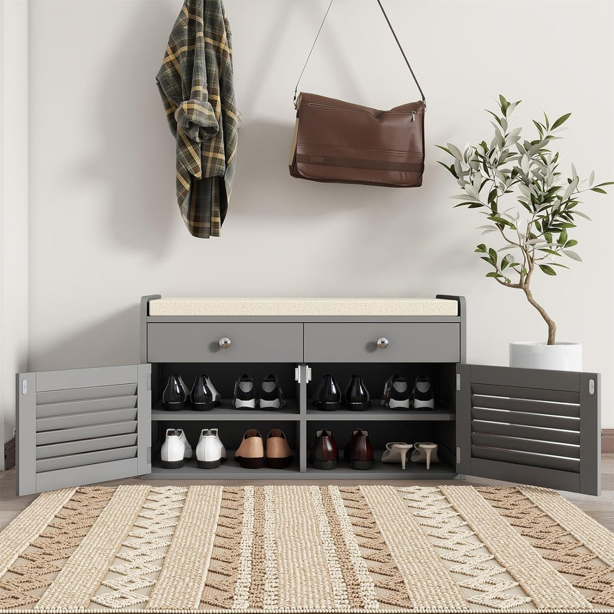 Shoe Storage Bench with 2 Drawers & 2 Doors, Entryway Bench with Cushion, 2 Adjustable Shelves, Shoe Cabinet for Entryway, Living Room, Hallway, Mudroom, Bedroom, Grey
