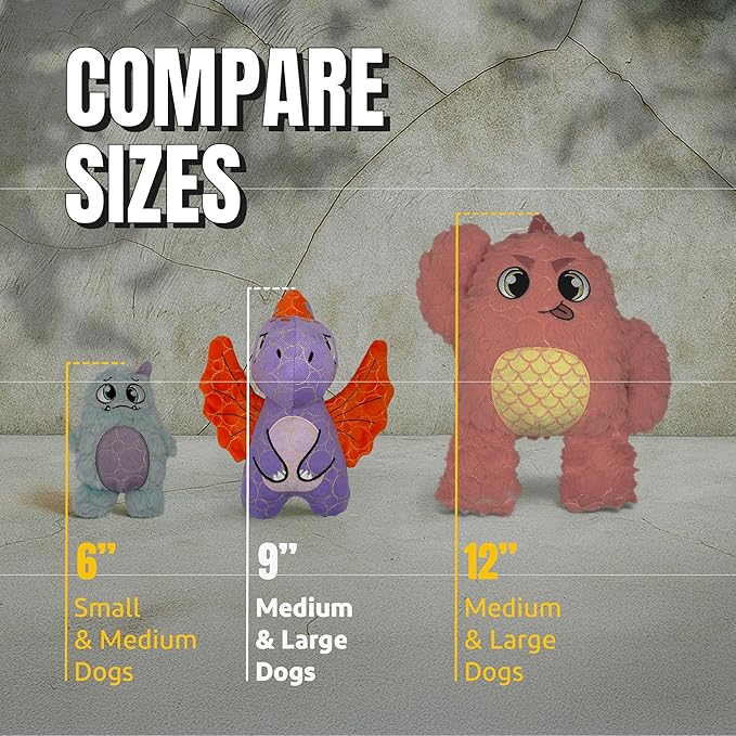 Bite Force - Durable & Strong Dog Toy Purple Dino with Squeaker, Kevlar-Reinforced for Aggressive chewers.