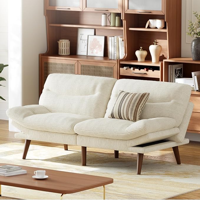 AMADA 66"Convertible Futon Sofa Bed, Corduroy Folding Futon Set with Adjustable Backrest &Armrests, Recliner Lounge for Living Room, Apartment or Office, Solid Wood Frame, Loveseat Sofa - Beige White