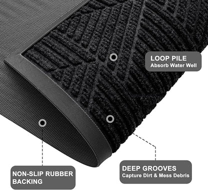 Kitinjoy Front Door Mat Outside Entrance, Sturdy Natural Dirt Trapper, Heavy Duty Rubber Doormat, Low Profile Non-Slip Backing, Easy Clean Floor Mat for Indoor Outdoor Entry, 47X32 Inch, Black