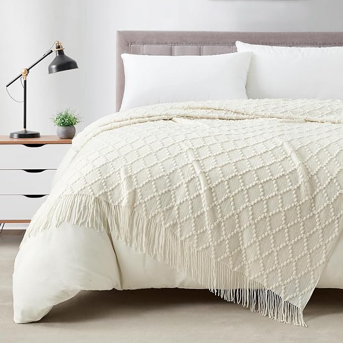 BOURINA White Throw Blanket 50 x70 Inches Jacquard Argyle Throw Textured Solid Soft Throws and Blankets for Sofa or Bed Knitted Decorative Blanket