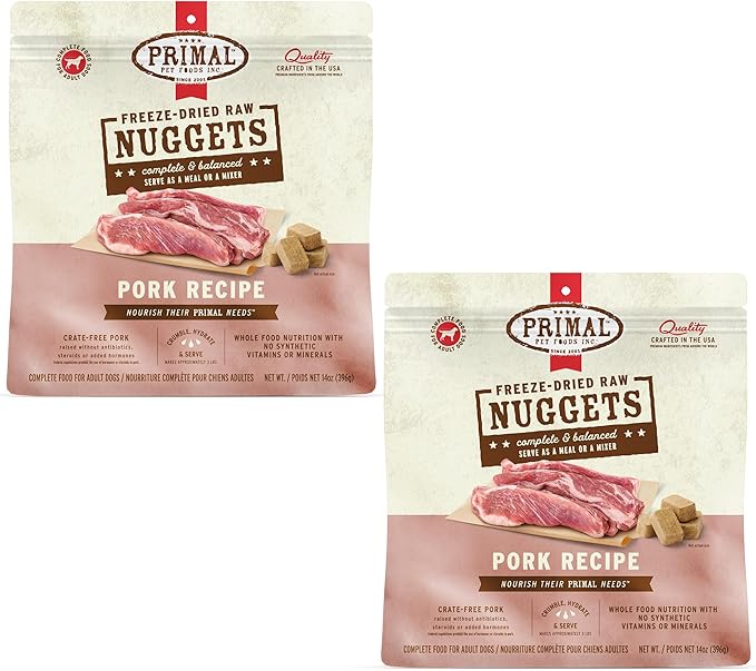 Primal Freeze Dried Raw Dog Food Nuggets, Pork, Complete & Balanced Meal, Also Use as Topper or Treat, Premium, Healthy, Grain Free, High Protein Raw Dog Food, 14 oz (Pack of 2)