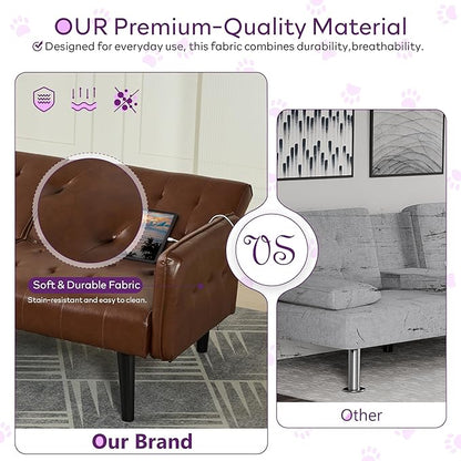 TYBOATLE 65“ Convertible Futon Sofa Bed w/ 2 USB,Tufted Small Adjustable Folding Couch Loveseat, Modern Mid Century Faux Leather Sleeper Sofa for Living Room, Bedroom,Office, Brown