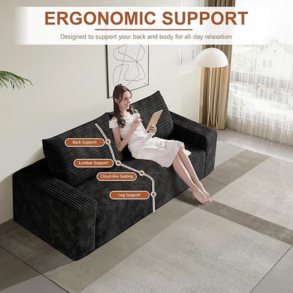 71" Corduroy Loveseat Sofa, 3-Seater Cloud Couch, Boneless Couch in a Box, Comfy Deep Seat Sofa with Memory Foam, Pillows and Wide Armrests, Modern Small Couches for Small Spaces, No Assembly (Black)