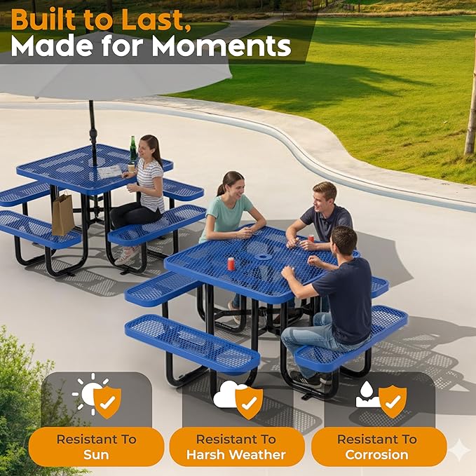 Metal Picnic Tables for Outdoors with Umbrella Hole - Coated Steel Heavy Duty Commercial Grade Furniture with Adjustable Seats (Blue, 38 in, Square)