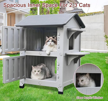 Rockever Plastic Insulated Outdoor Cat House with Escape Door, 2 Story Waterproof Cat House for Outdoor Cats for Feral Cats, Elevated Outside Cat Shelter, Clean and Assemble Easily