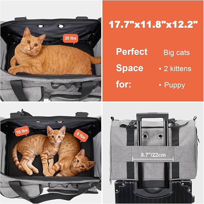 Ownpets Airline Approved Large Cat Carrier - Fits Most Airlines, Foldable Pet Travel Carrier with Metal Frame, Waterproof for Medium Big Cats 20 lbs+ & 2 Kittens/Puppies, Grey (17.7"x11.8"x12.2")