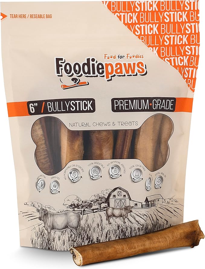 FOODIEPAWS All Natural 6 Inch Mega Bully Sticks, Odor Free | Grass-Fed Beef | Single Ingredient & Rawhide-Free | Long Lasting Dental Dog Chews | Packed in USA | for Medium & Large Dogs, 15 Pack