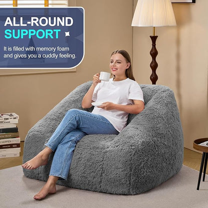 Hobestluk Bean Bag Chairs for Adults Giant Bean Bag Chair with Memory Foam Filling, Adult Beanbag for Bedroom, Living Room (Grey Plush)