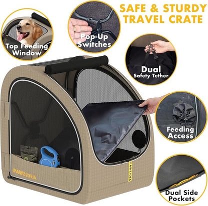 PAWZIDEA Portable Dog Crate for Car Travel, Medium & Large Dogs Up to 80lbs | Enclosed Soft-Sided Dog Car Kennel for Backseat, Secures w/ Seatbelt & Headrest Strap, Collapsible Car Carrier, Chew-Proof