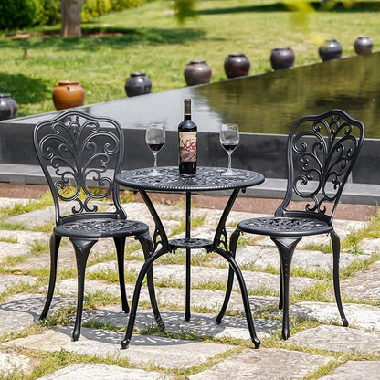 Withniture Outdoor Bistro Set 3 Piece Patio Bistro Set, Cast Aluminum Bistro Table and Chairs Set of 2, Small Patio Table Set for Porch, Black