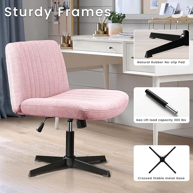 PUKAMI Criss Cross Chair,Armless Cross Legged Office Desk Chair No Wheels,Fabric Padded Modern Swivel Height Adjustable Mid Back Wide Seat Computer Task Vanity Chair for Home Office(Pink)